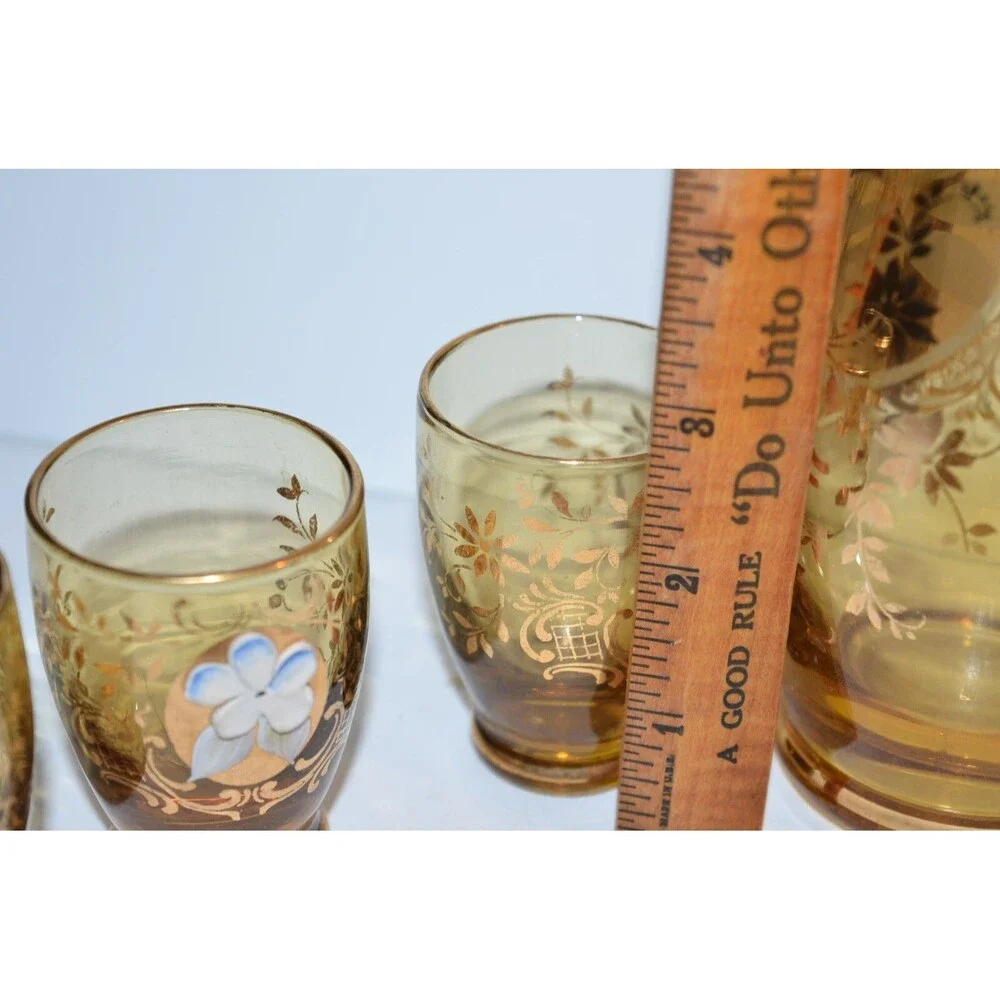Vtg Murano Venetian Art Glass Decanter Cordial Glass set gold Barware flaws‎